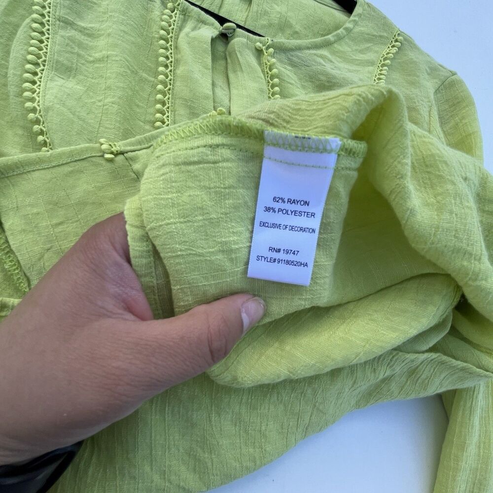 COUNTERPARTS LIME GREEN SIZE LARGE LONG SLEEVE BLOUSE with POM POM TRIM DETAILS - Picture 5 of 10